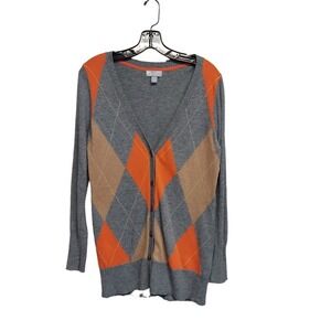 JCP Women Argyle Cardigan Sweater Grey Orange Cashmere Blend V-Neck JC Penny
